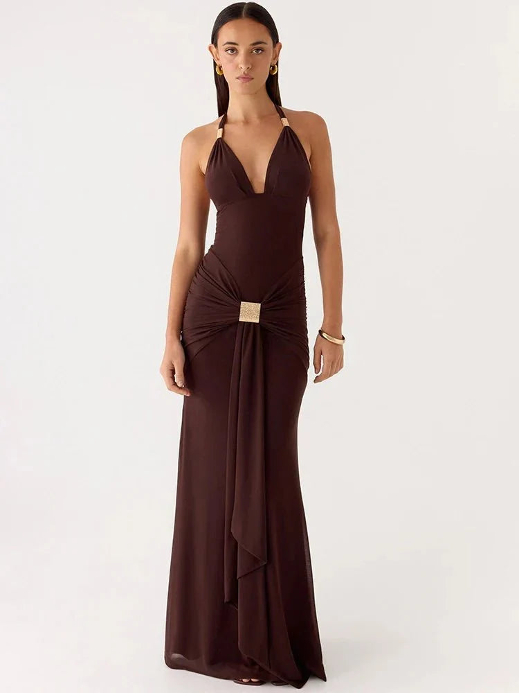 Brown Mesh Halter Neck Deep V-Neck Ruched Buckle Draped Panel Column Maxi Gown