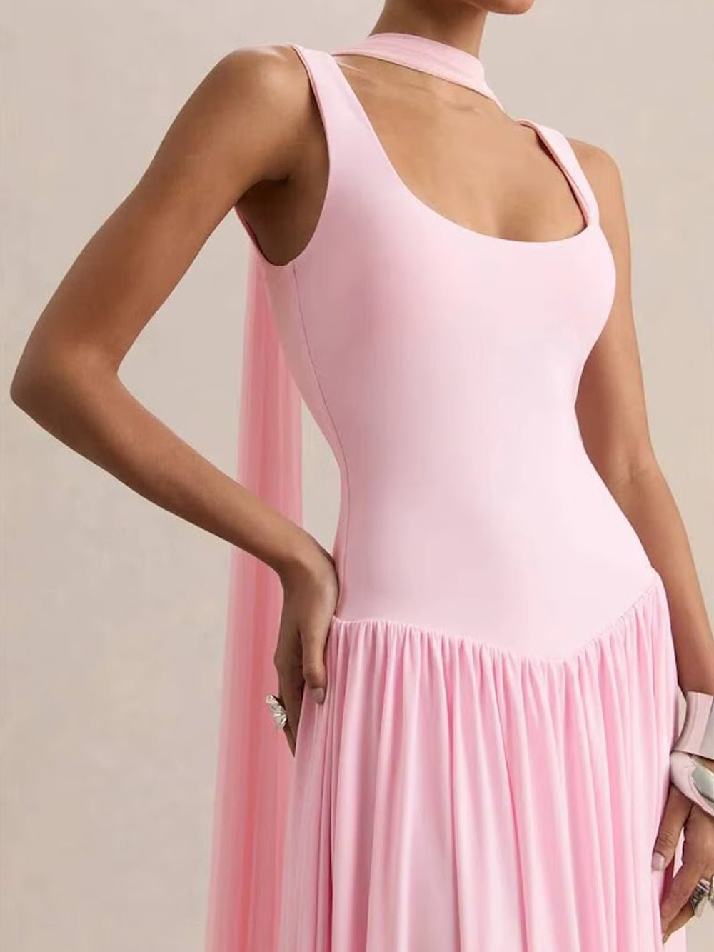 Pink Knit Scoop Neck Choker Band Sleeveless Drop Waist Pleated Maxi Dress 5