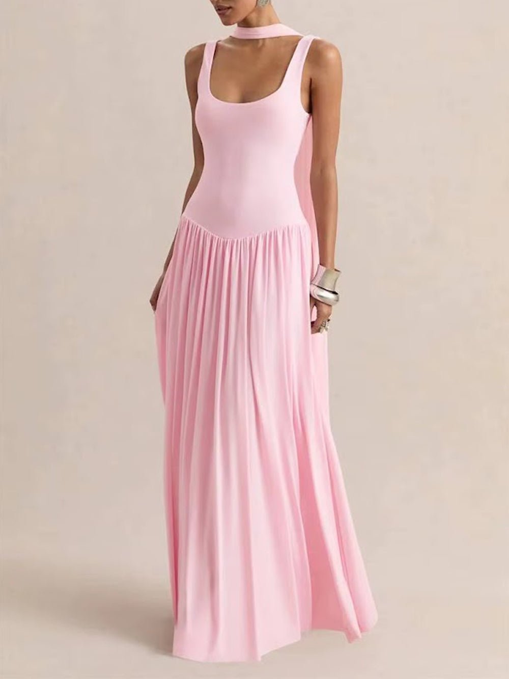 Pink Knit Scoop Neck Choker Band Sleeveless Drop Waist Pleated Maxi Dress 3