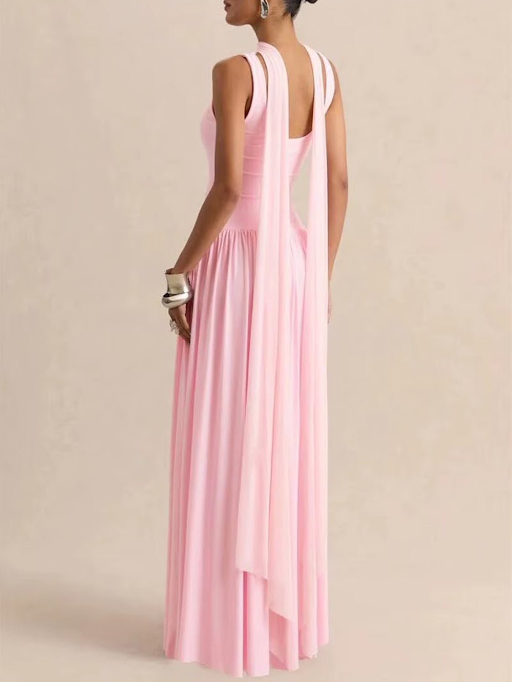 Pink Knit Scoop Neck Choker Band Sleeveless Drop Waist Pleated Maxi Dress 2