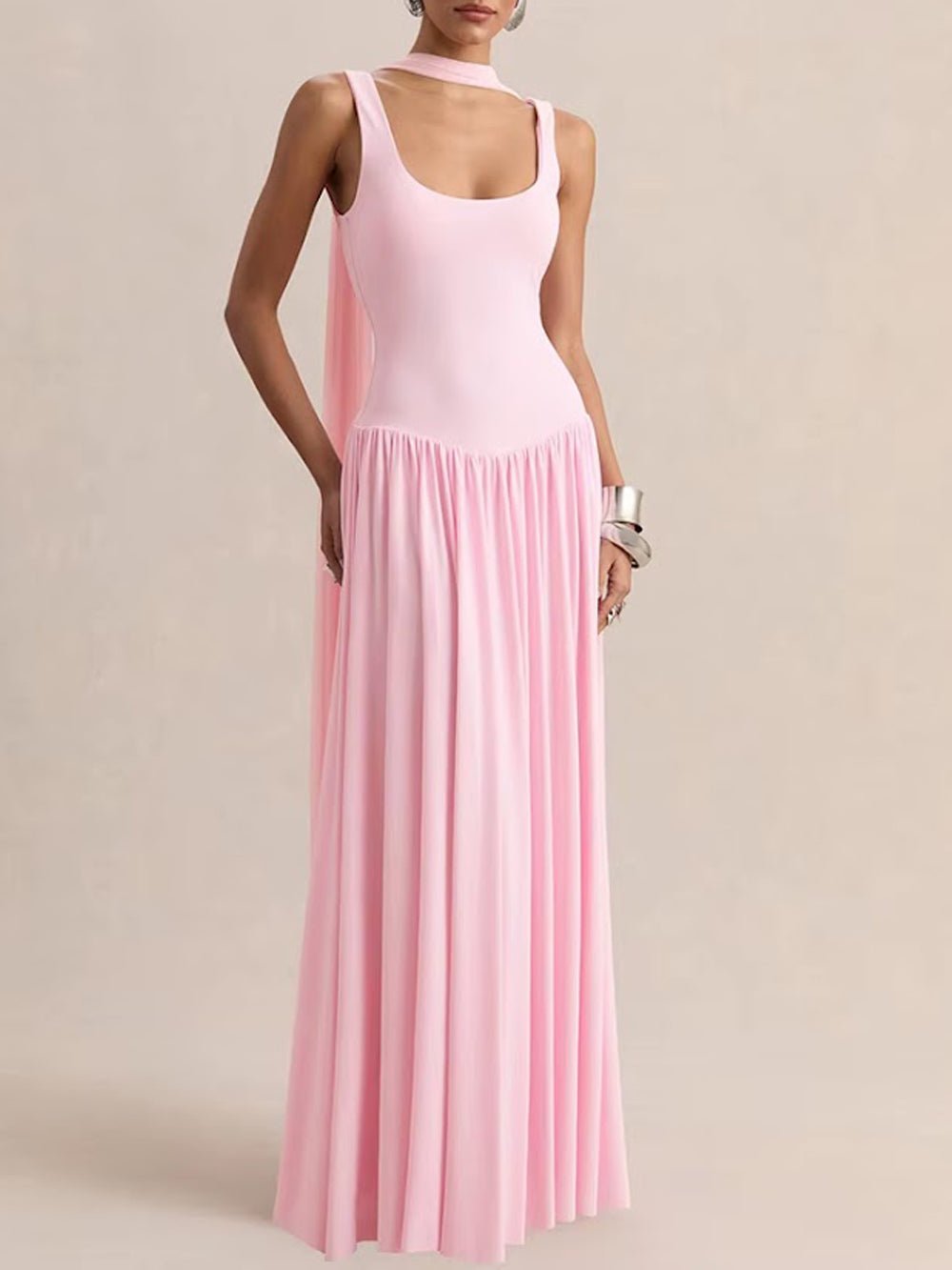 Pink Knit Scoop Neck Choker Band Sleeveless Drop Waist Pleated Maxi Dress 4