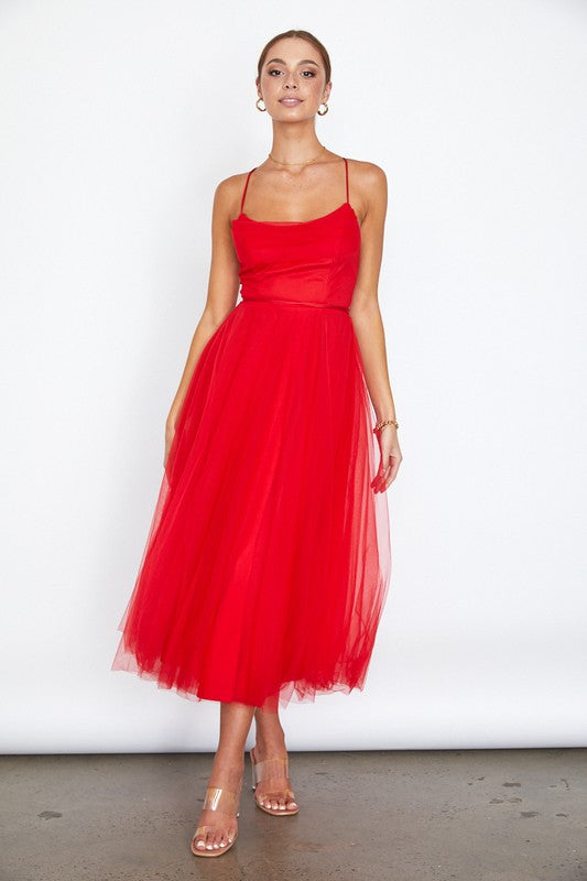 Tulle Ballerina Midi Dress With Cowl Front And Lace Up Open Back