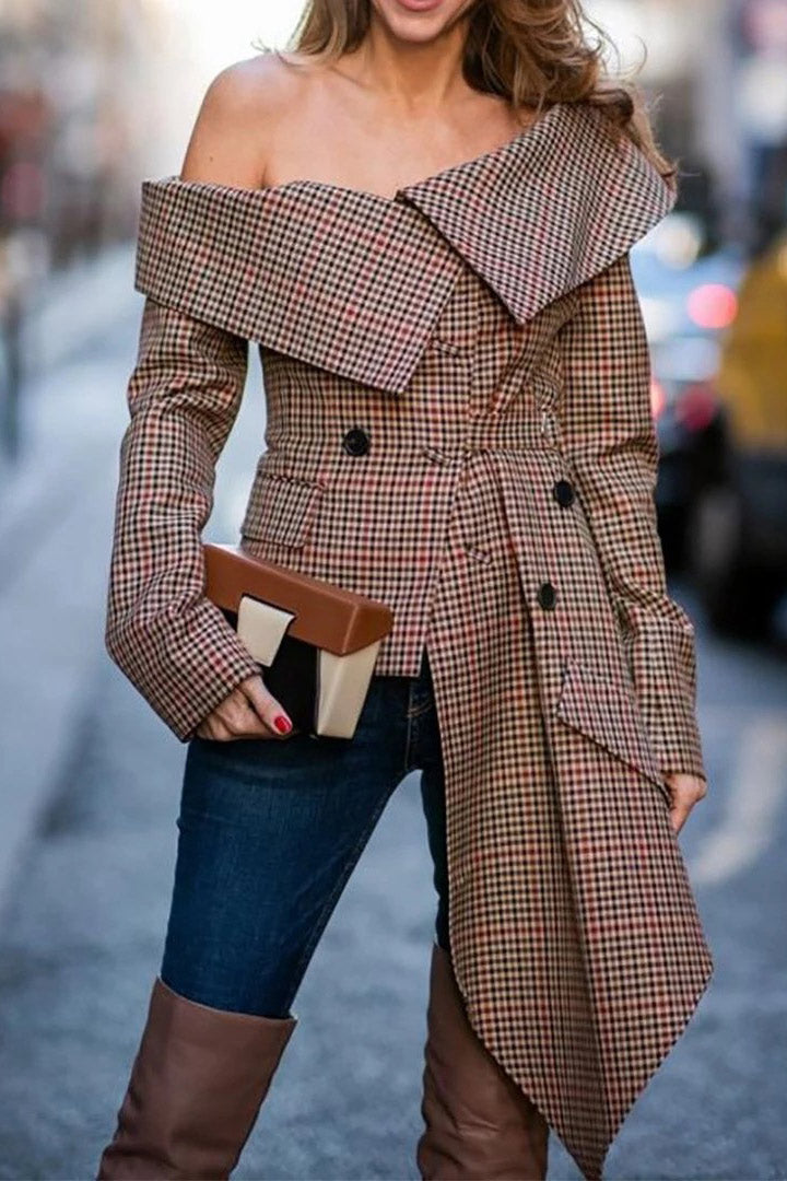 Fashion Asymmetric Plaid Shirt Off Shoulder Long Sleeve Top Coat