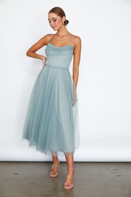 Tulle Ballerina Midi Dress With Cowl Front And Lace Up Open Back