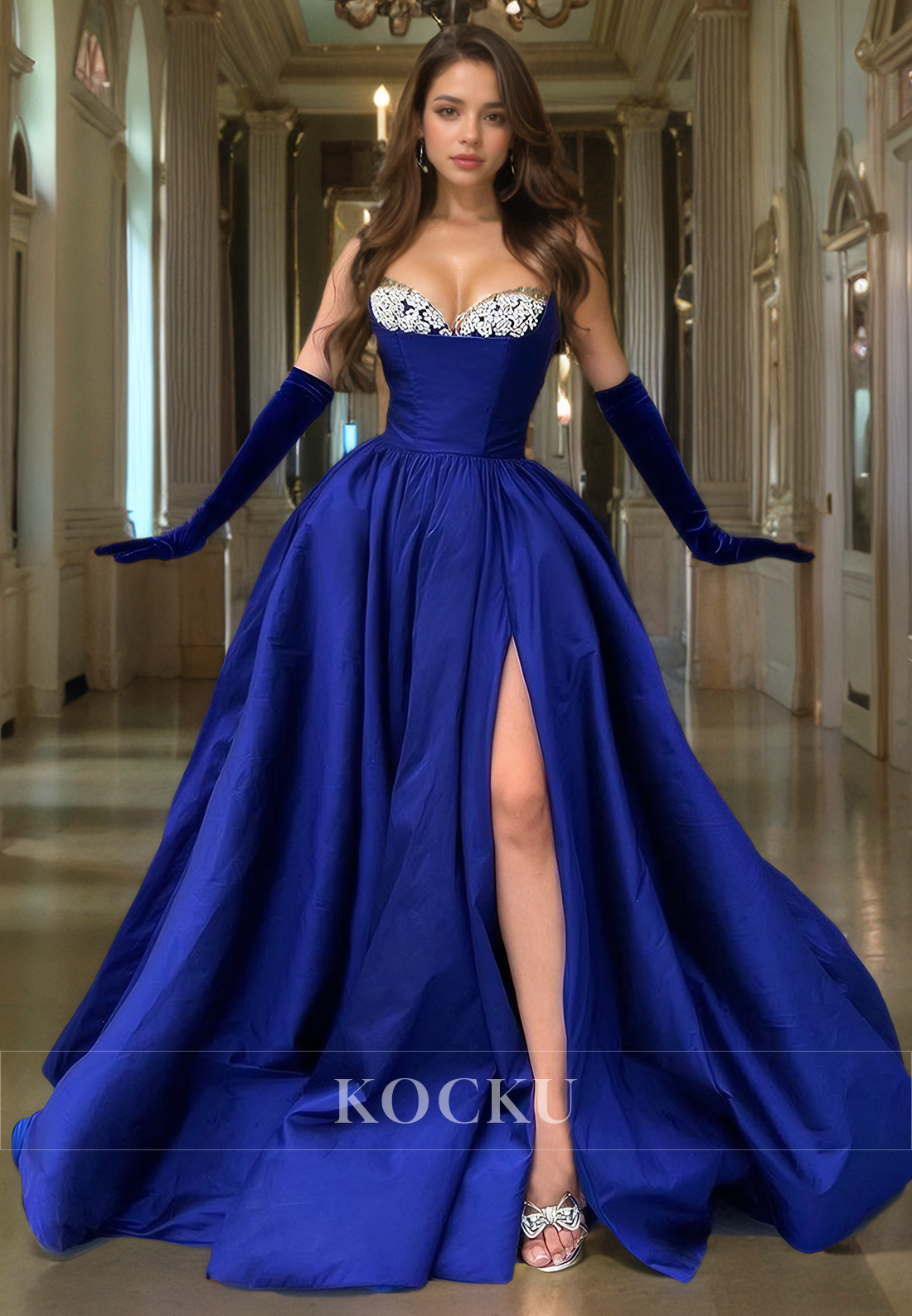 Elegant & Luxurious Rhinestone Split Mermaid Satin Evening Party Prom Dress