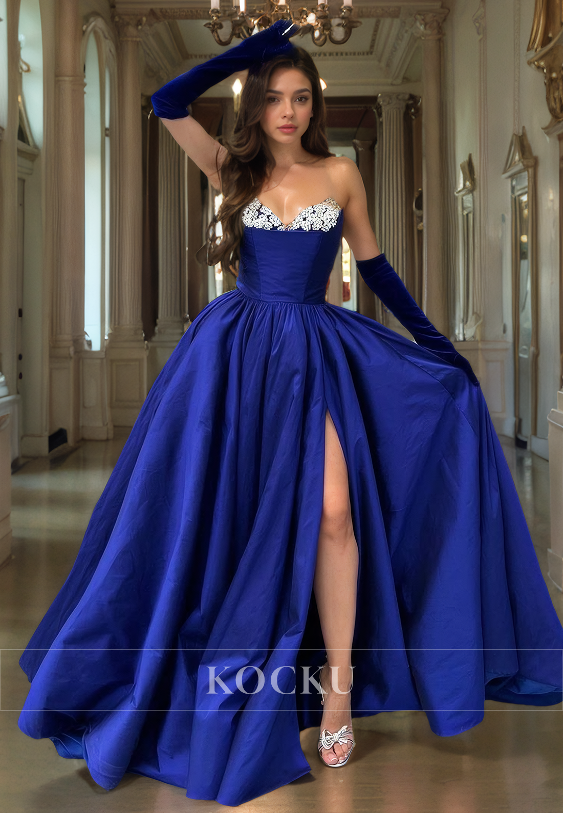 Elegant & Luxurious Rhinestone Split Mermaid Satin Evening Party Prom Dress