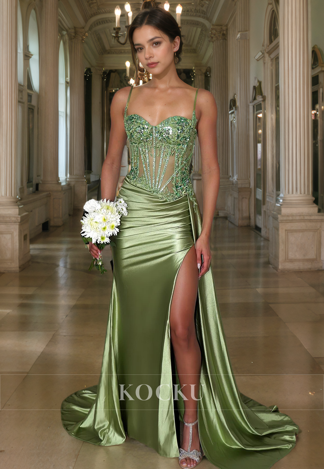 Couture & Ornate Spaghetti Straps Square Sheath Appliques Evening Party Prom Dress