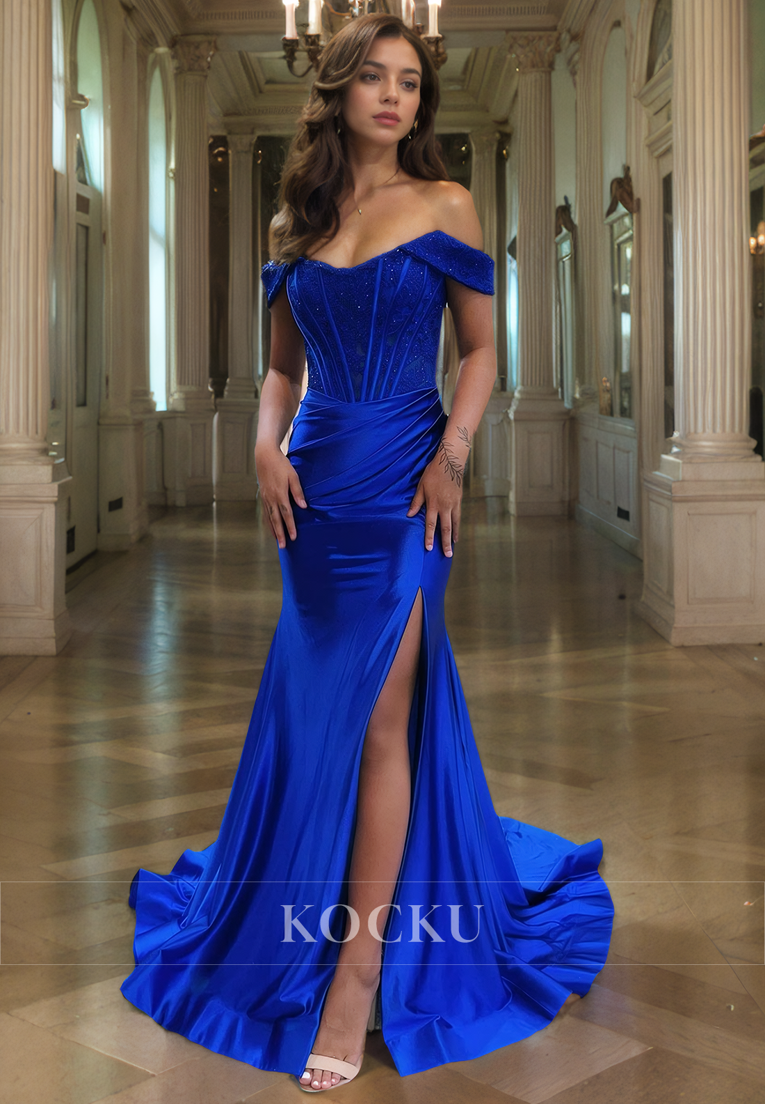 Classic & Timeless Off-Shoulder Mermaid Satin Split Evening Party Prom Dress