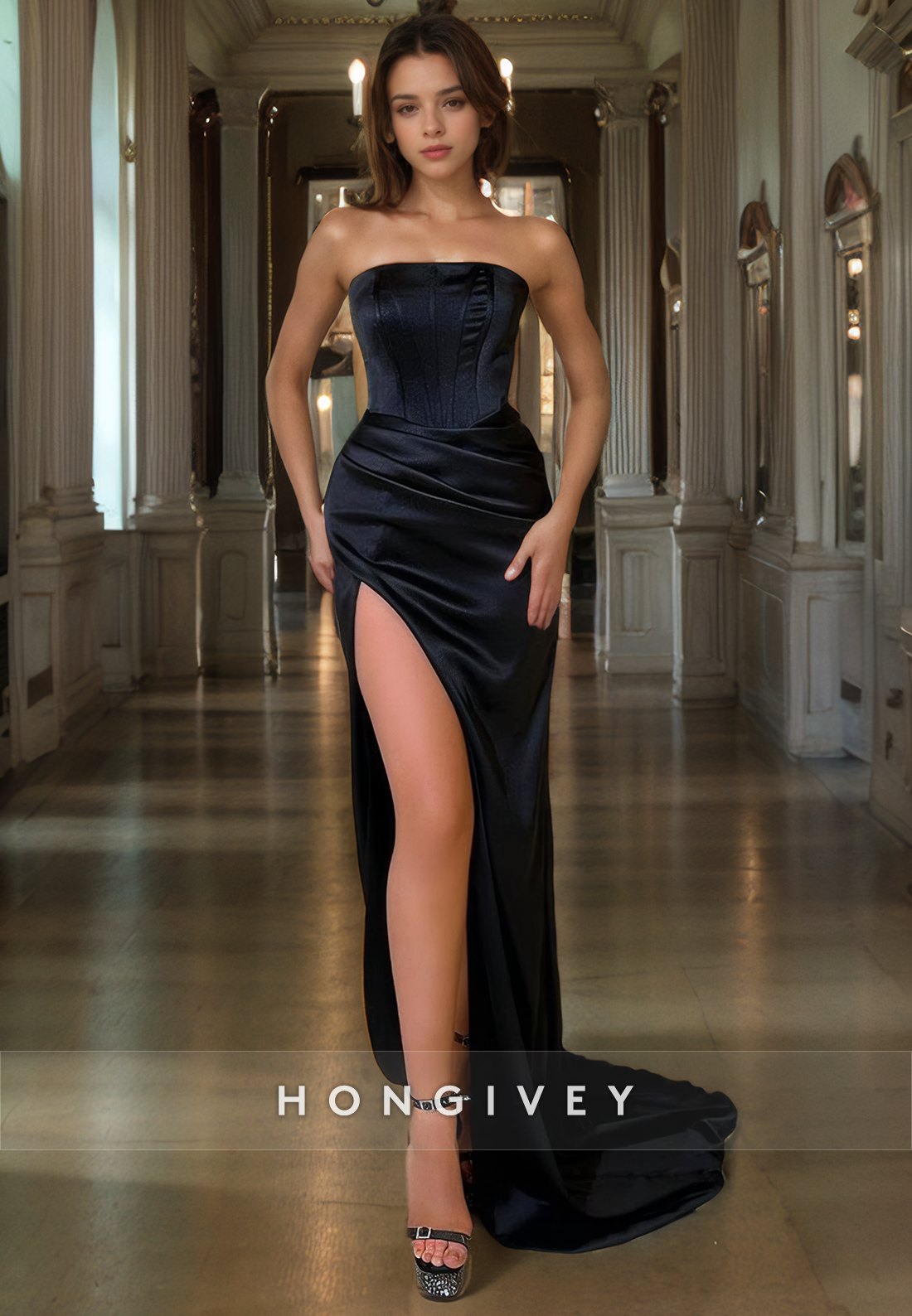 L0952 - Simple Strapless High Slit With Train  Evening Party Prom Dress