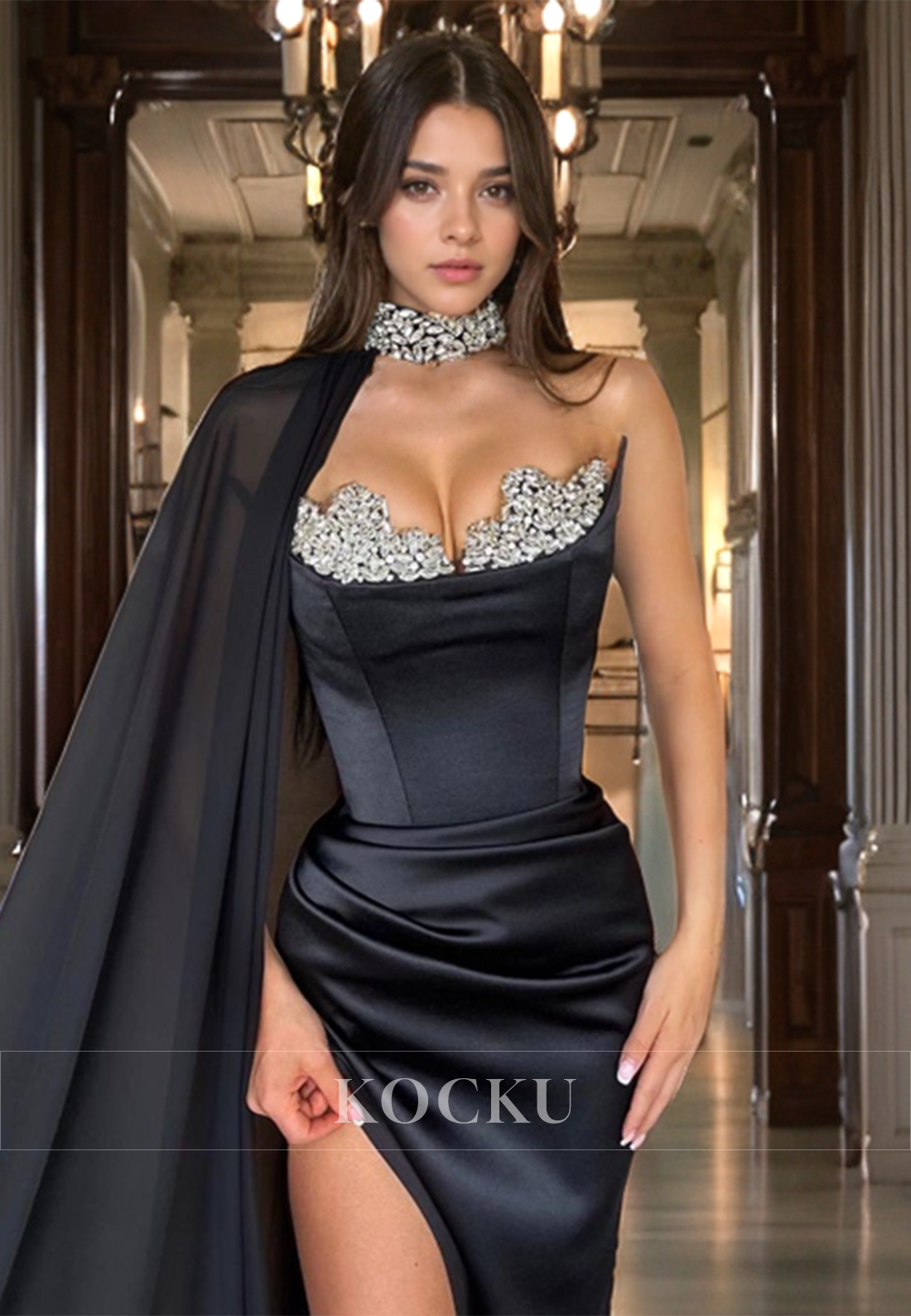 Elegant & Luxurious Rhinestone High Neck Split Satin Evening Party Prom Dress