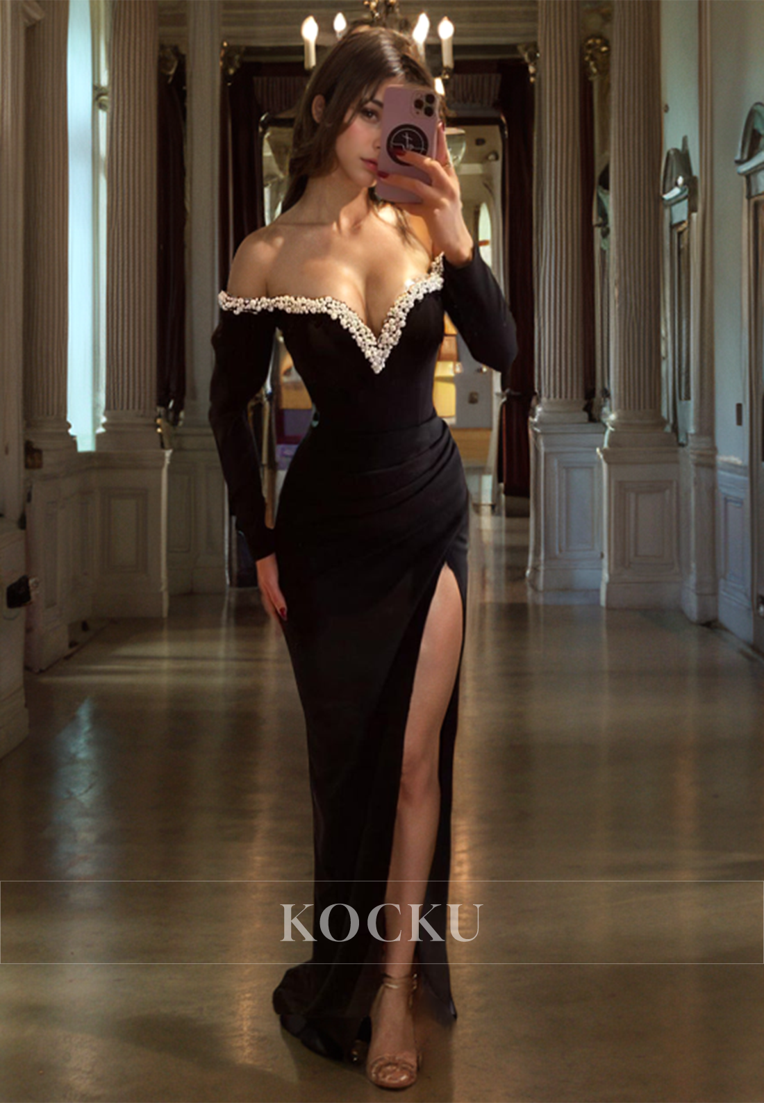 Couture & Ornate V-Neck Long sleeves Sheath Evening Party Prom Dress