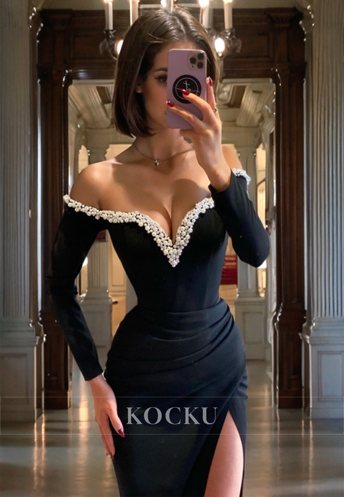 Couture & Ornate V-Neck Long sleeves Sheath Evening Party Prom Dress