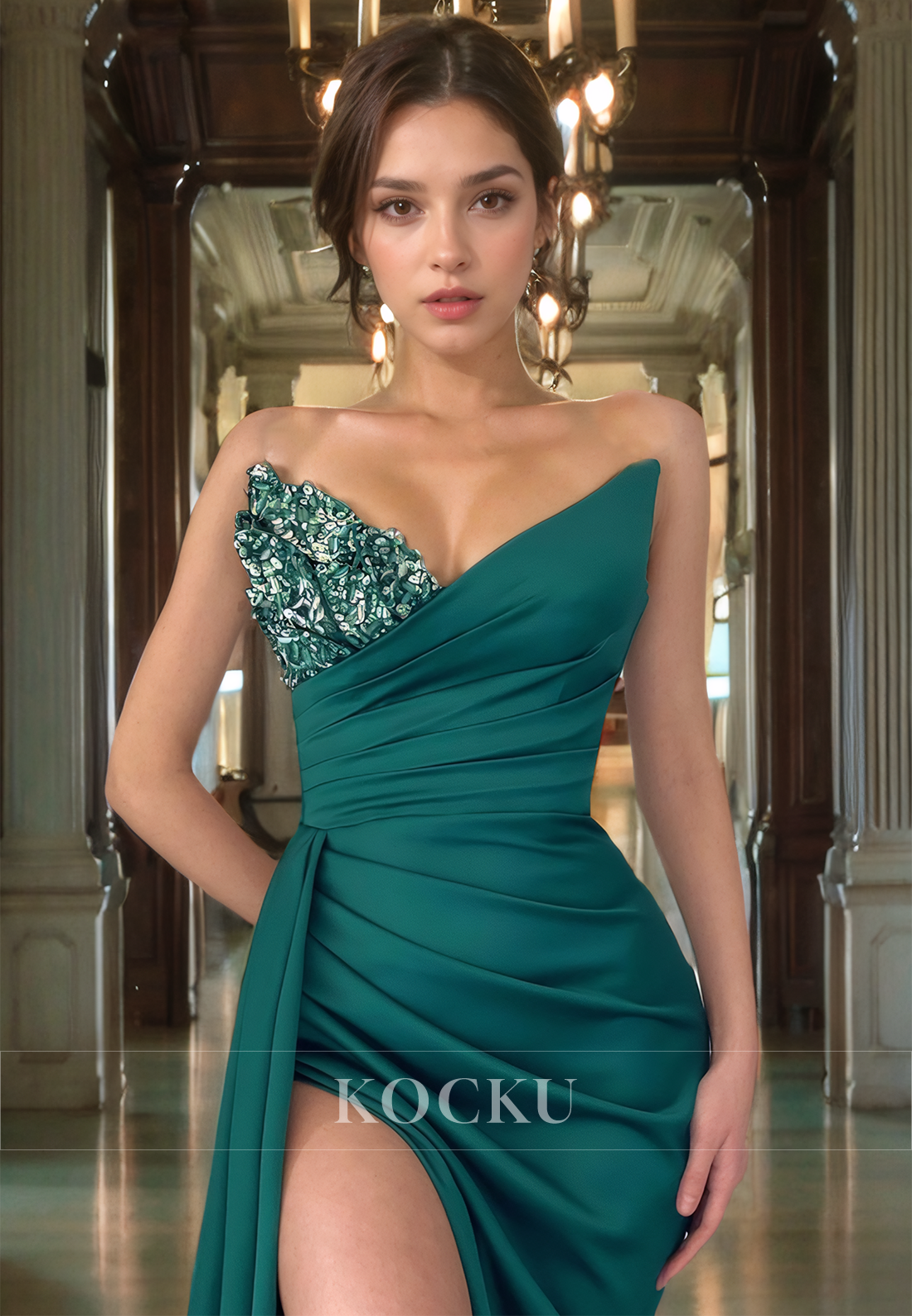 Couture & Ornate V-Neck Mermaid Split Ruched Beaded Evening Party Prom Dress