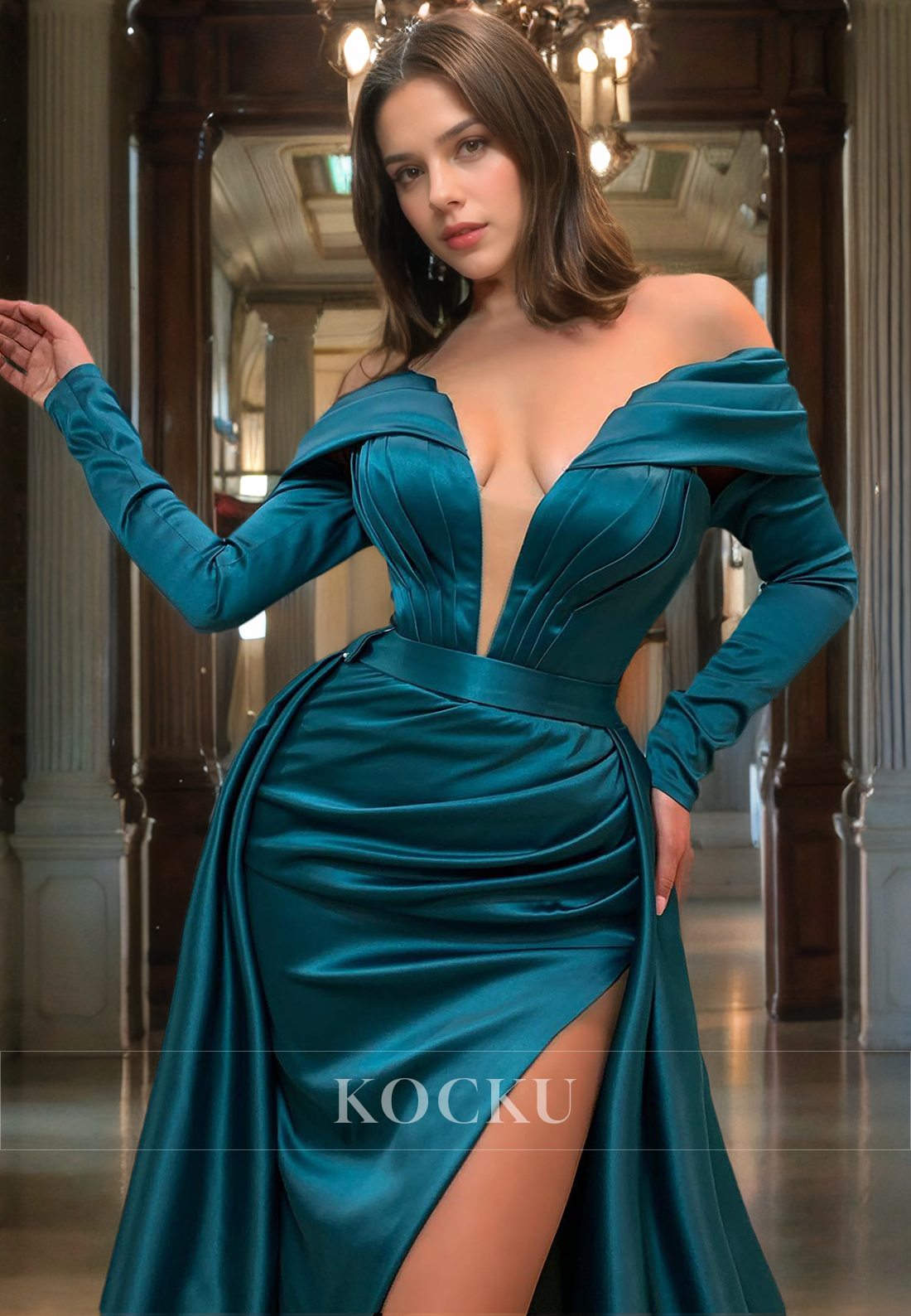 Couture & Ornate V-Neck Long sleeves Mermaid Split Ruched Evening Party Prom Dress