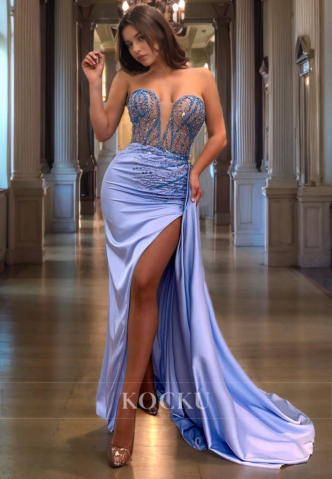 Elegant & Luxurious Sequined Appliques Split Evening Party Prom Dress