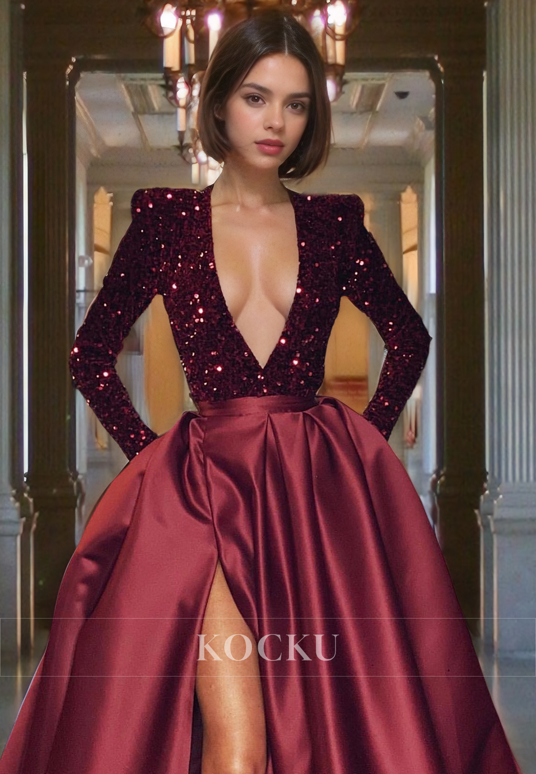 Sexy & Morden V-Neck Long sleeves A-Line Evening Party Prom Dress