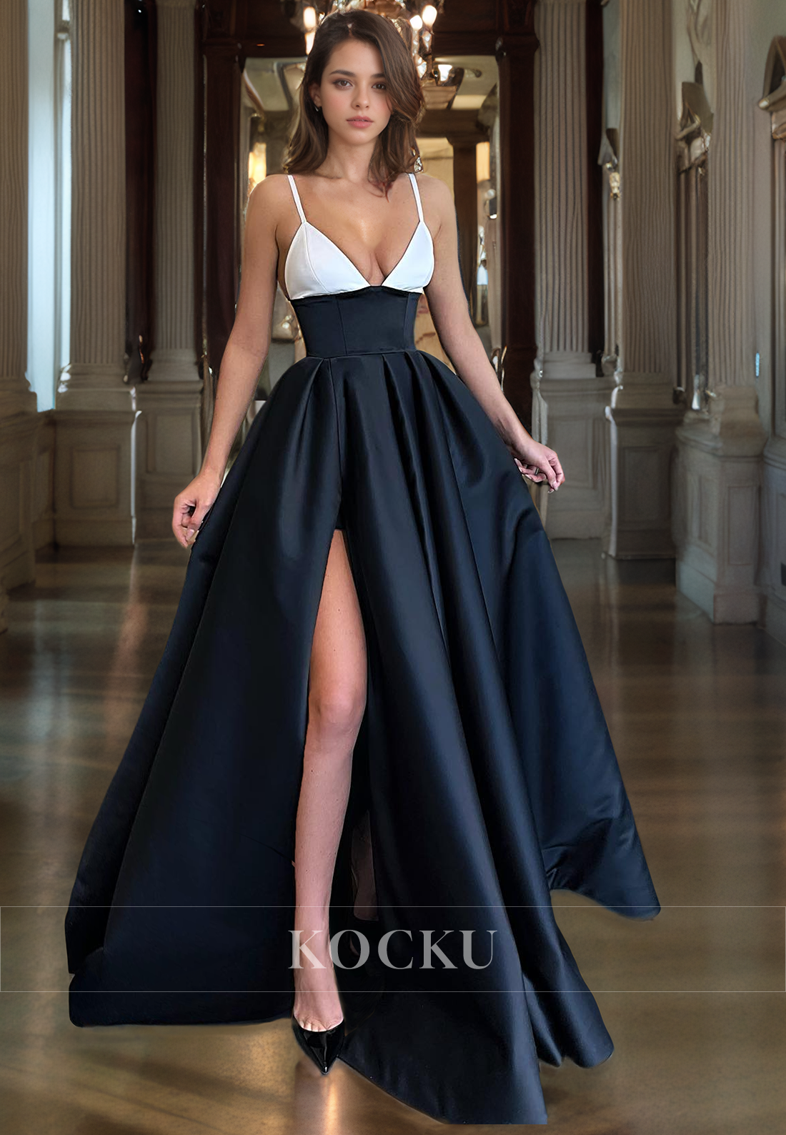 Sexy & Hot Spaghetti Straps V-Neck A-Line Split Evening Party Prom Dress