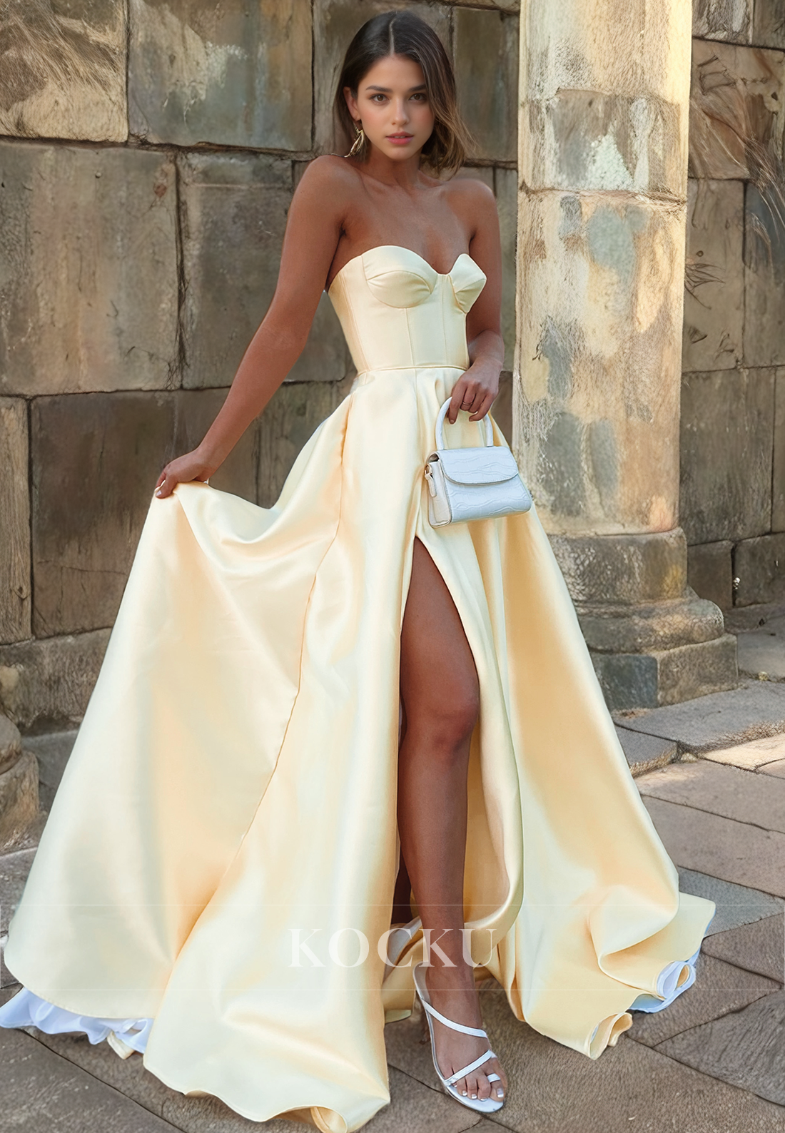 A-Line Sweetheart Satin High Slit Sleeveless Back Zipper Prom Dress