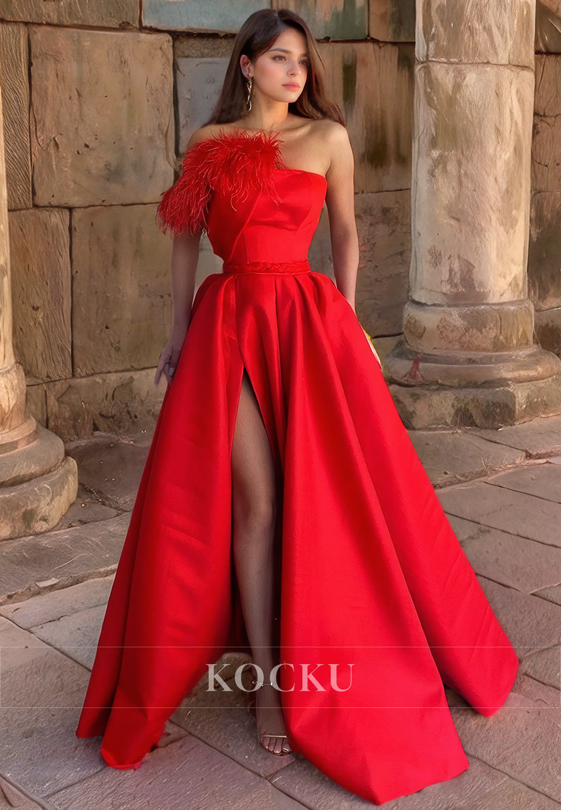 A-Line One Shoulder Satin Feathers Long Prom Dress with Slit