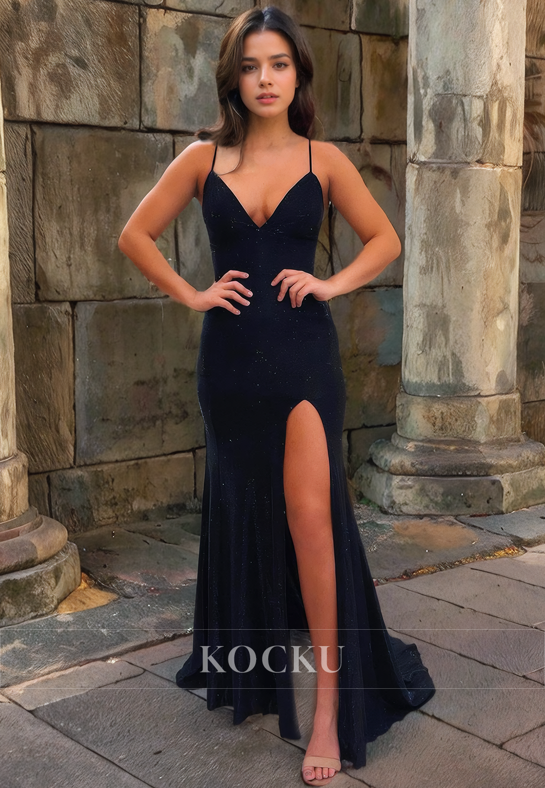 Sheath V Neck Rhinestone Satin Criss-Cross Straps Lace-up Prom Dress with Slit