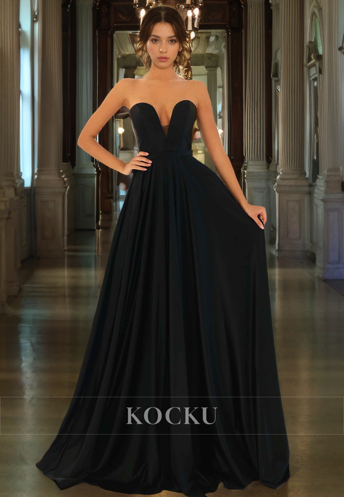 Classic Sheath V Neck Floor-Length Satin Back Zipper Prom Dress