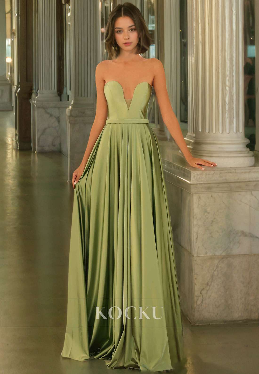 Classic Sheath V Neck Floor-Length Satin Back Zipper Prom Dress