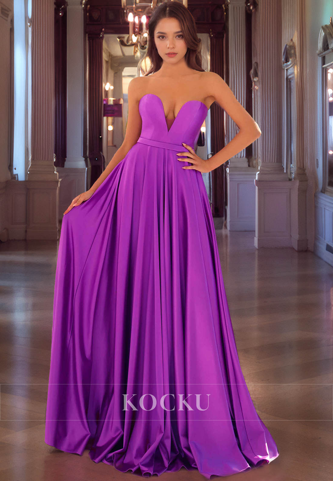 Classic Sheath V Neck Floor-Length Satin Back Zipper Prom Dress