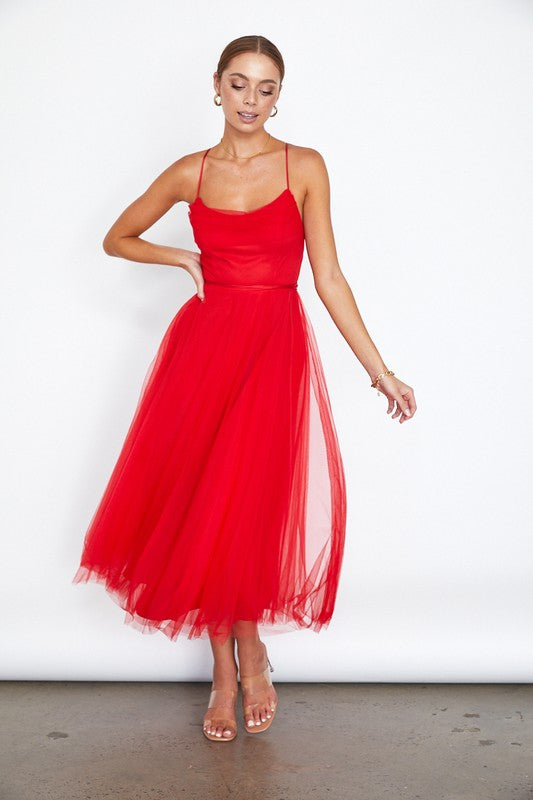 Tulle Ballerina Midi Dress With Cowl Front And Lace Up Open Back