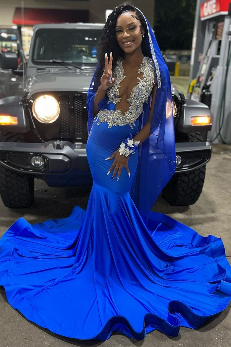 Beautiful Royal Blue Deep V-neck Mermaid Long Prom Party Dresses With Court Train