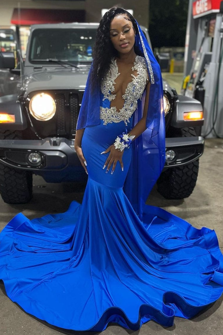 Beautiful Royal Blue Deep V-neck Mermaid Long Prom Party Dresses With Court Train