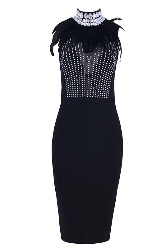 Luxury High Neck Feather Bead Rhinestone Bandage Dress