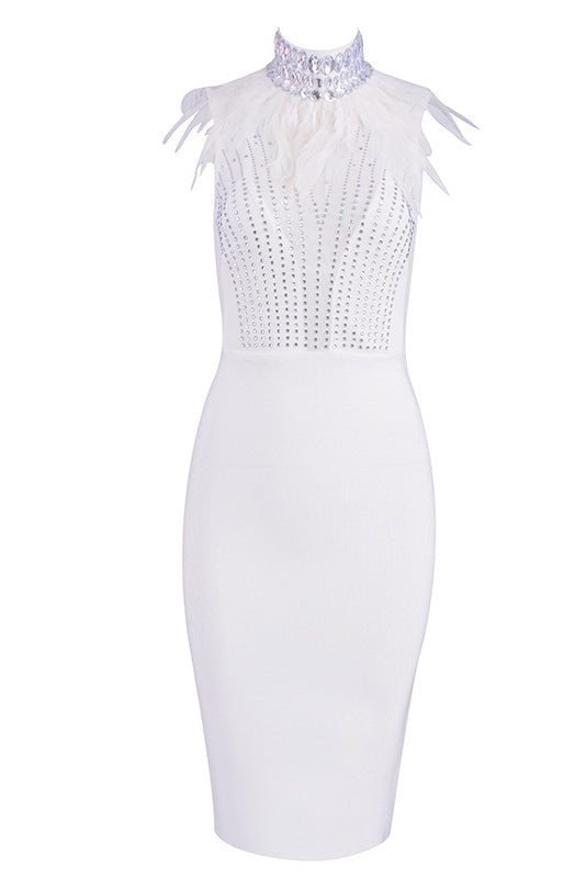 Luxury High Neck Feather Bead Rhinestone Bandage Dress