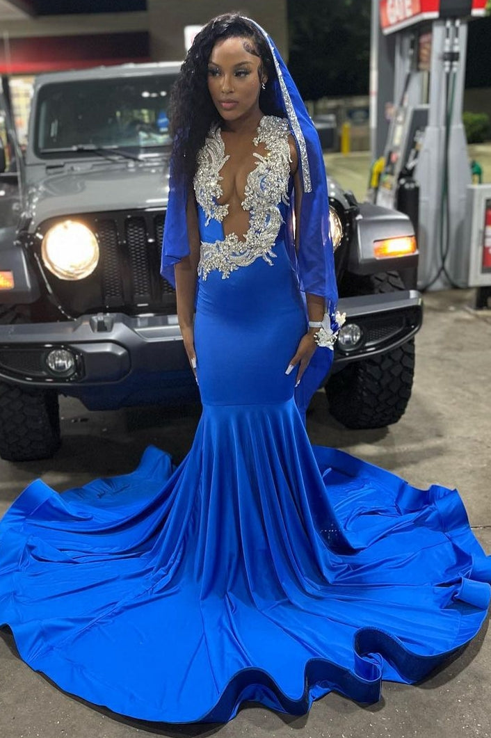 Beautiful Royal Blue Deep V-neck Mermaid Long Prom Party Dresses With Court Train