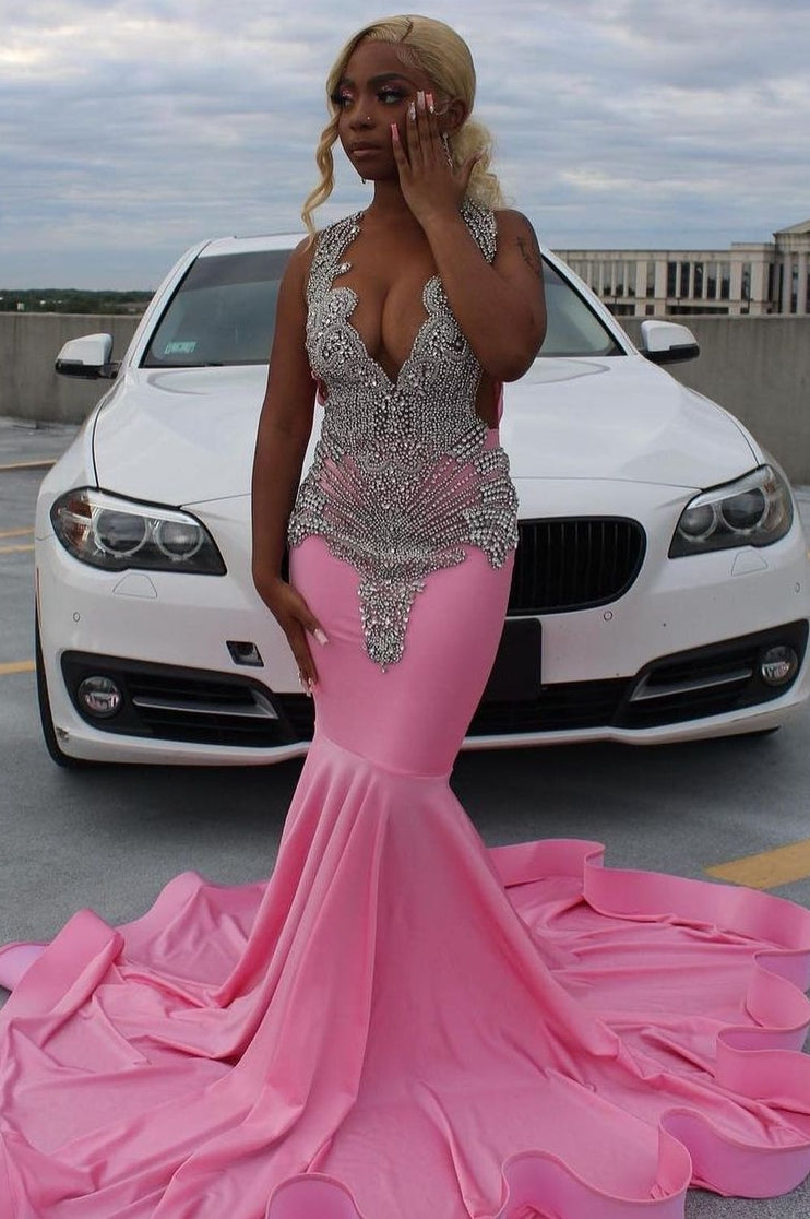 Elegant Long Pink Mermaid Court Train Prom Party Dresses wth Silver Beads