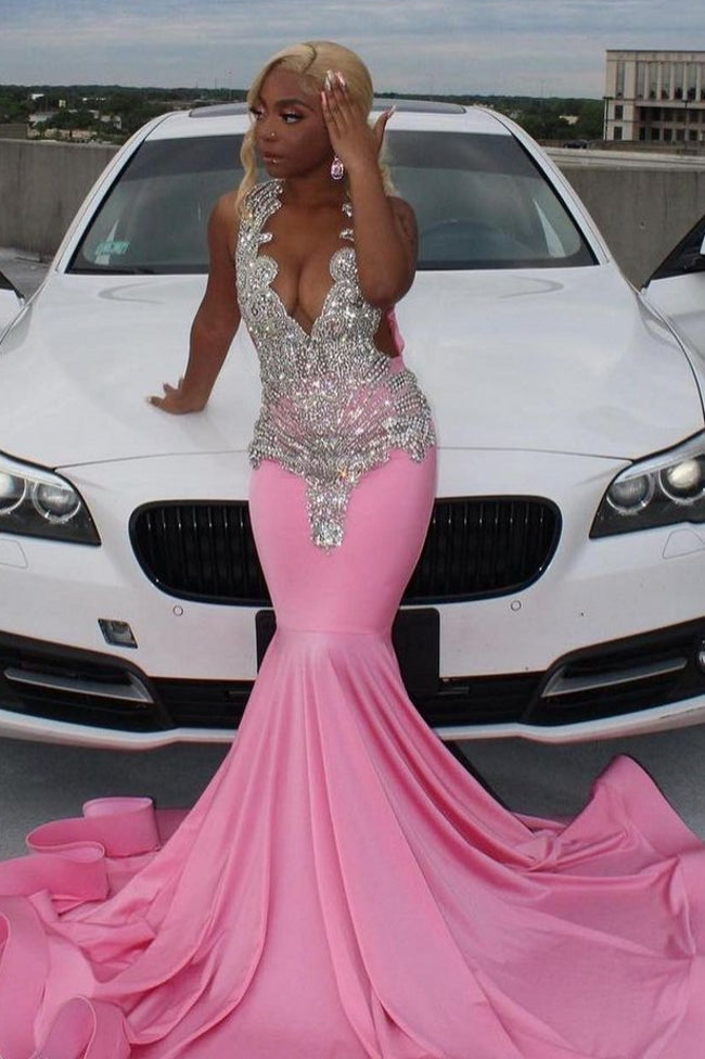 Elegant Long Pink Mermaid Court Train Prom Party Dresses wth Silver Beads