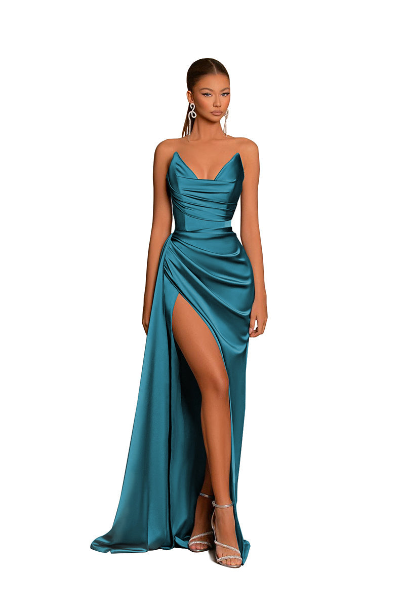 B4181 - V-Neck Strapless Ruched Satin Sheath Long Bridesmaid Dress With Slit