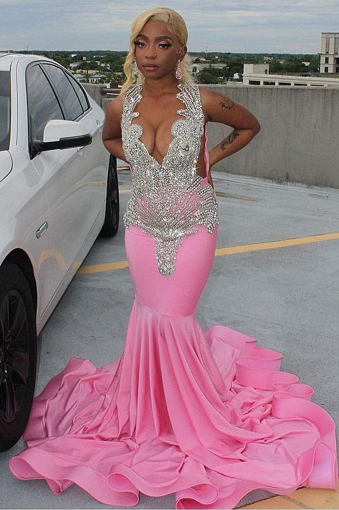 Elegant Long Pink Mermaid Court Train Prom Party Dresses wth Silver Beads