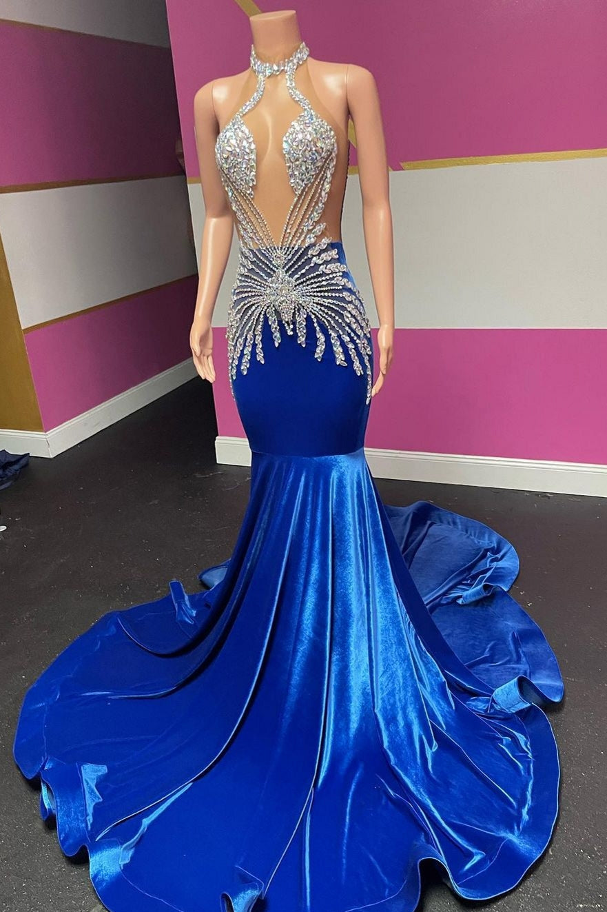 Designer Long Royal Blue Halter Velvet Mermaid Silver Beaded Prom Party Dresses