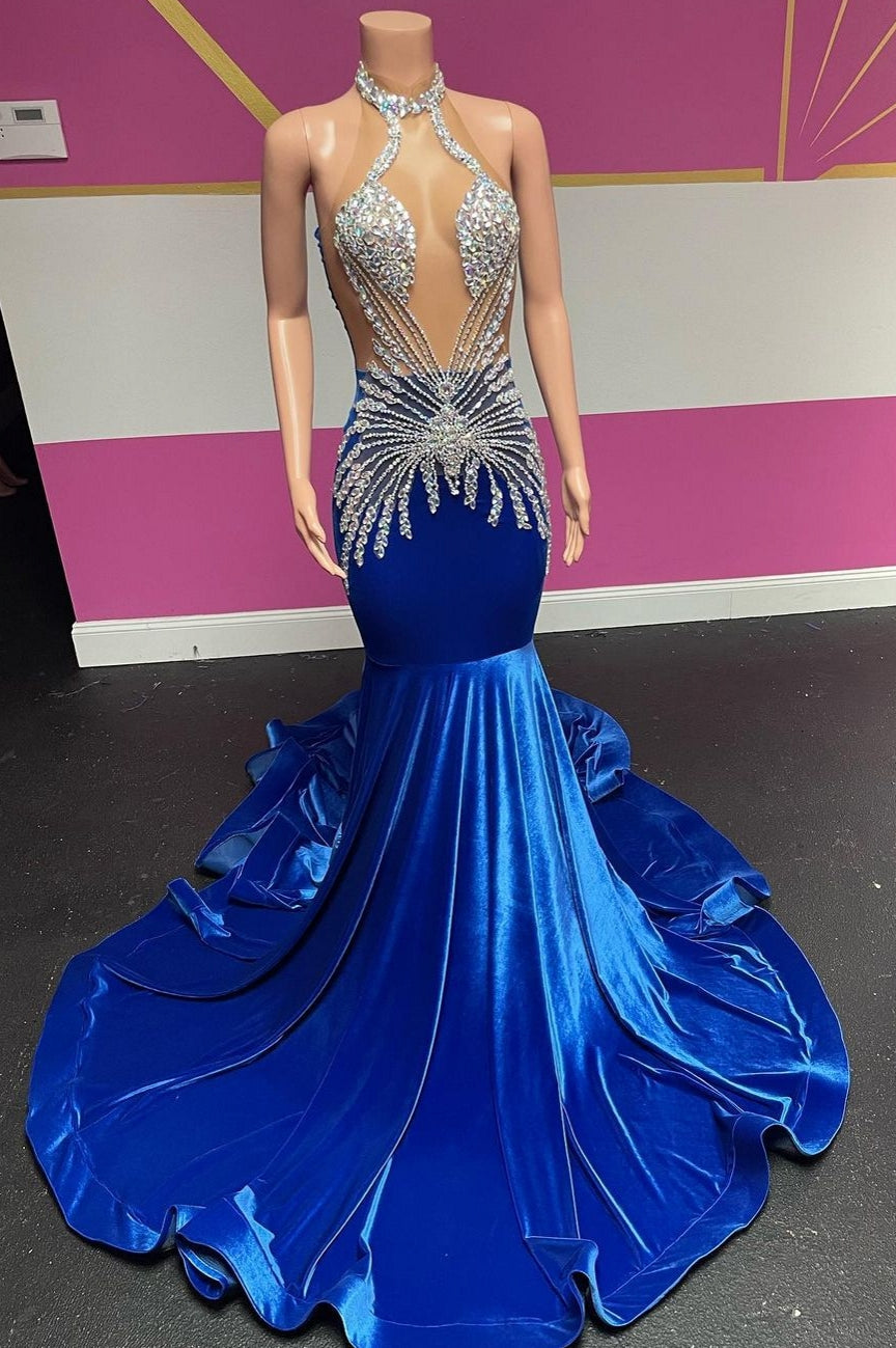 Designer Long Royal Blue Halter Velvet Mermaid Silver Beaded Prom Party Dresses