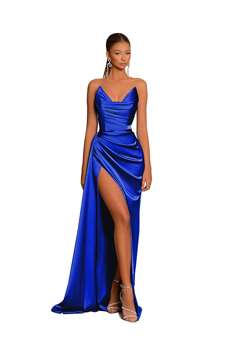 B4181 - V-Neck Strapless Ruched Satin Sheath Long Bridesmaid Dress With Slit