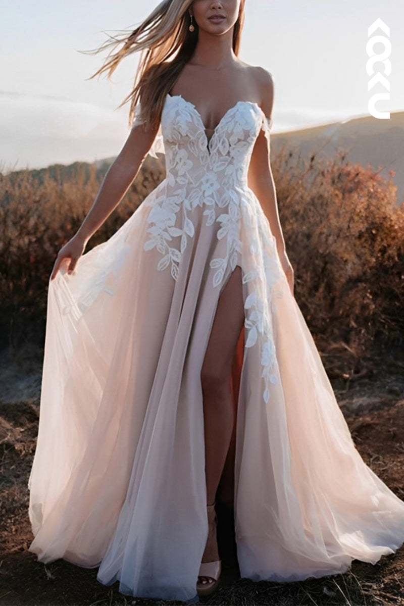 K2124 - Couture & Ornate Sleeveless V-Neck A-Line Applique Backless Slit Wedding Dress