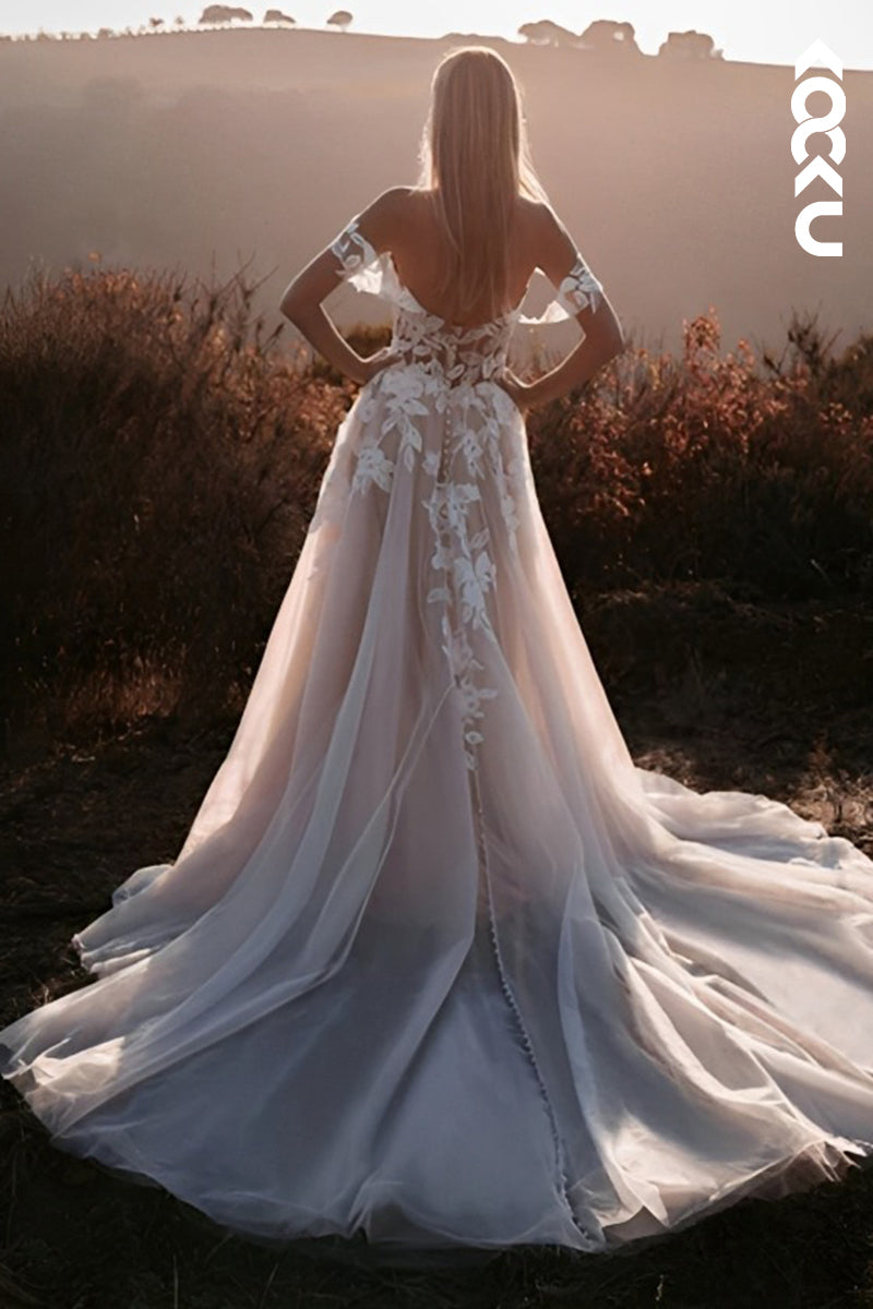 K2124 - Couture & Ornate Sleeveless V-Neck A-Line Applique Backless Slit Wedding Dress