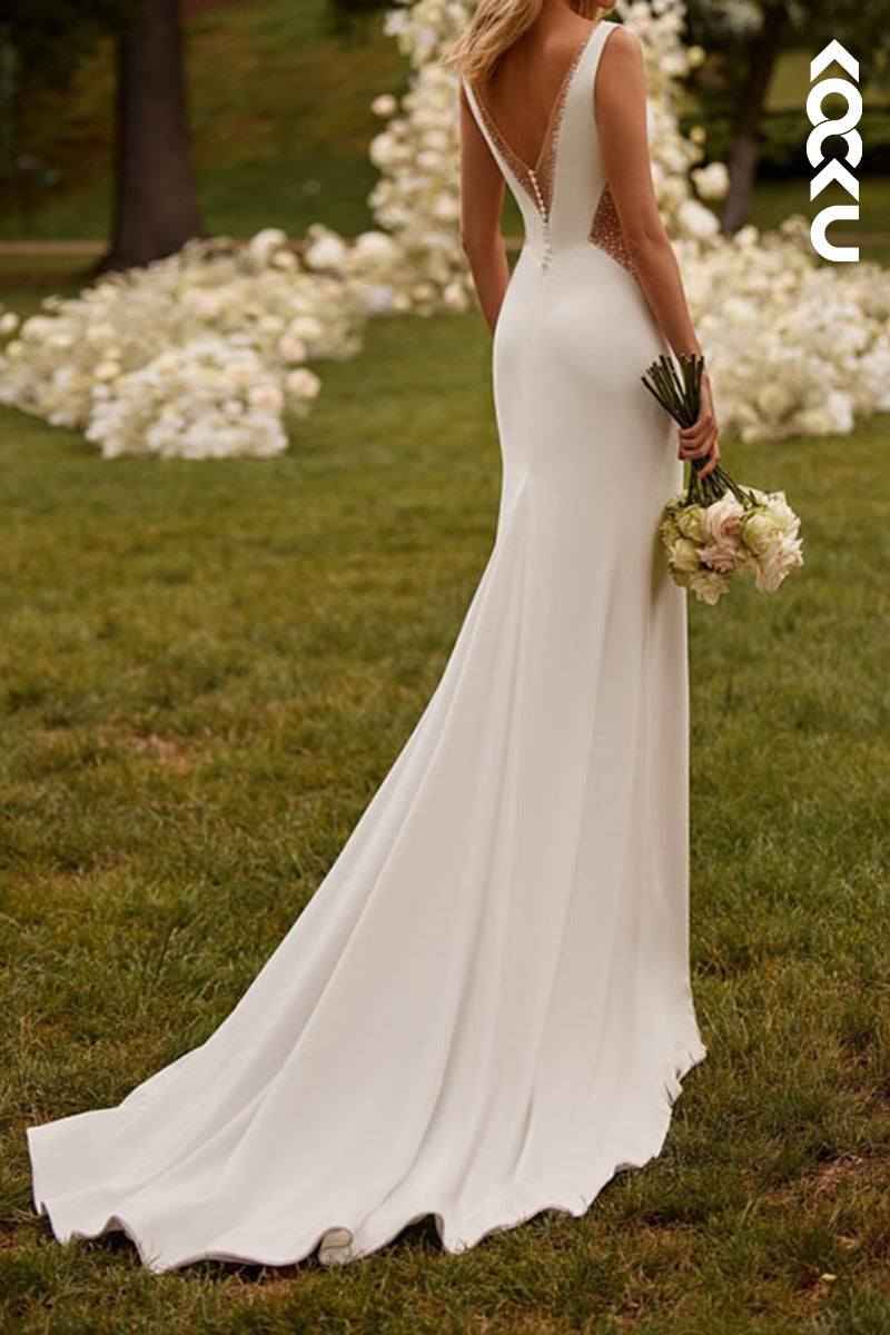 K2121 - Sexy & Elegant V-Neck Sleeveless Trumpet/Mermaid Open Back Wedding Dress