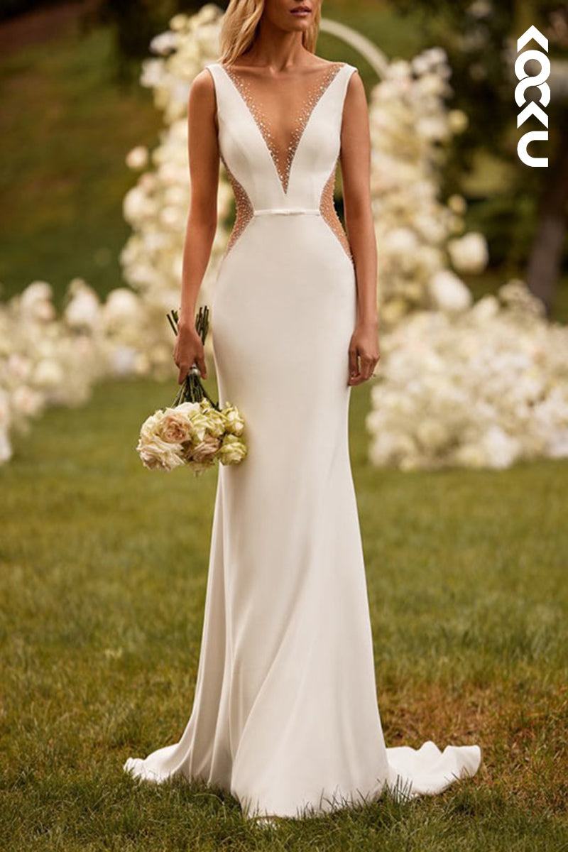 K2121 - Sexy & Elegant V-Neck Sleeveless Trumpet/Mermaid Open Back Wedding Dress