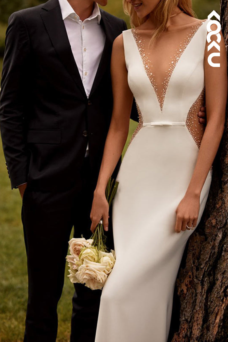 K2121 - Sexy & Elegant V-Neck Sleeveless Trumpet/Mermaid Open Back Wedding Dress