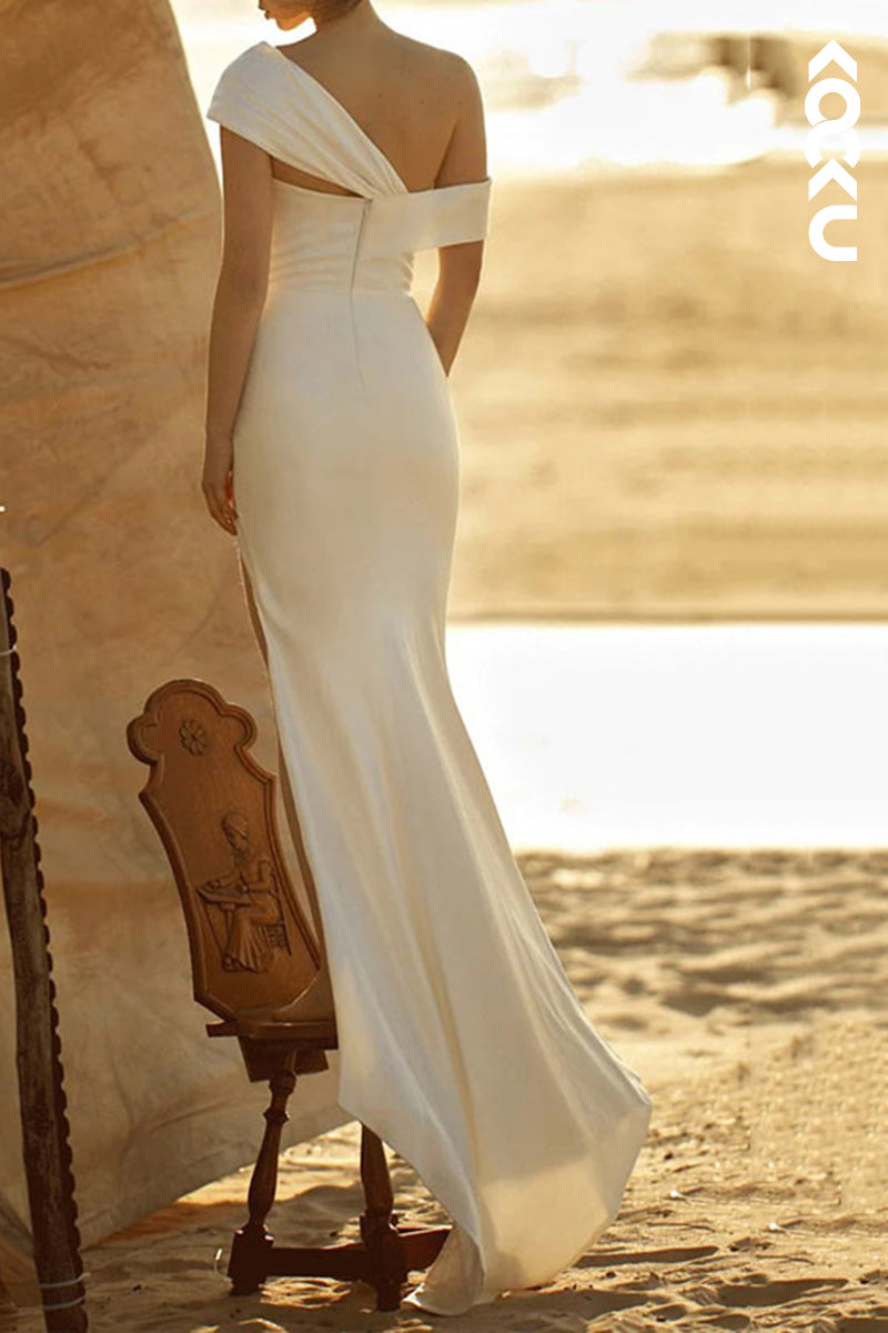 K2118 - One Shoulder Elegant Sheath/Column Ruched Side Slit Wedding Dress