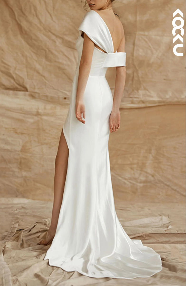 K2118 - One Shoulder Elegant Sheath/Column Ruched Side Slit Wedding Dress