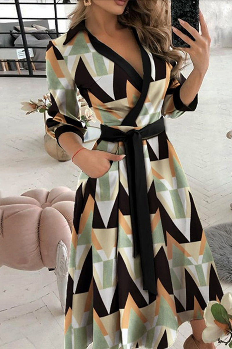 Elegant Print Printing Turndown Collar A Line Dresses