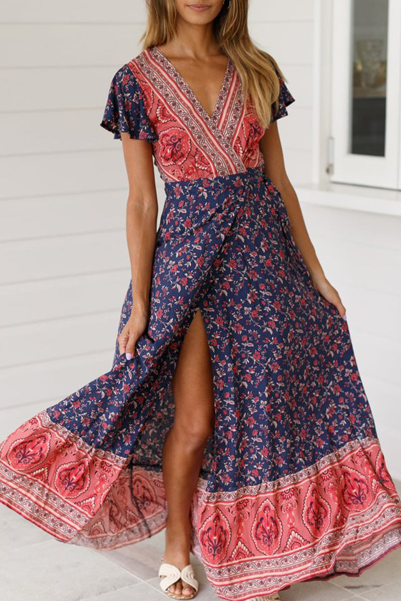 Sexy Elegant Print V Neck A Line Dresses