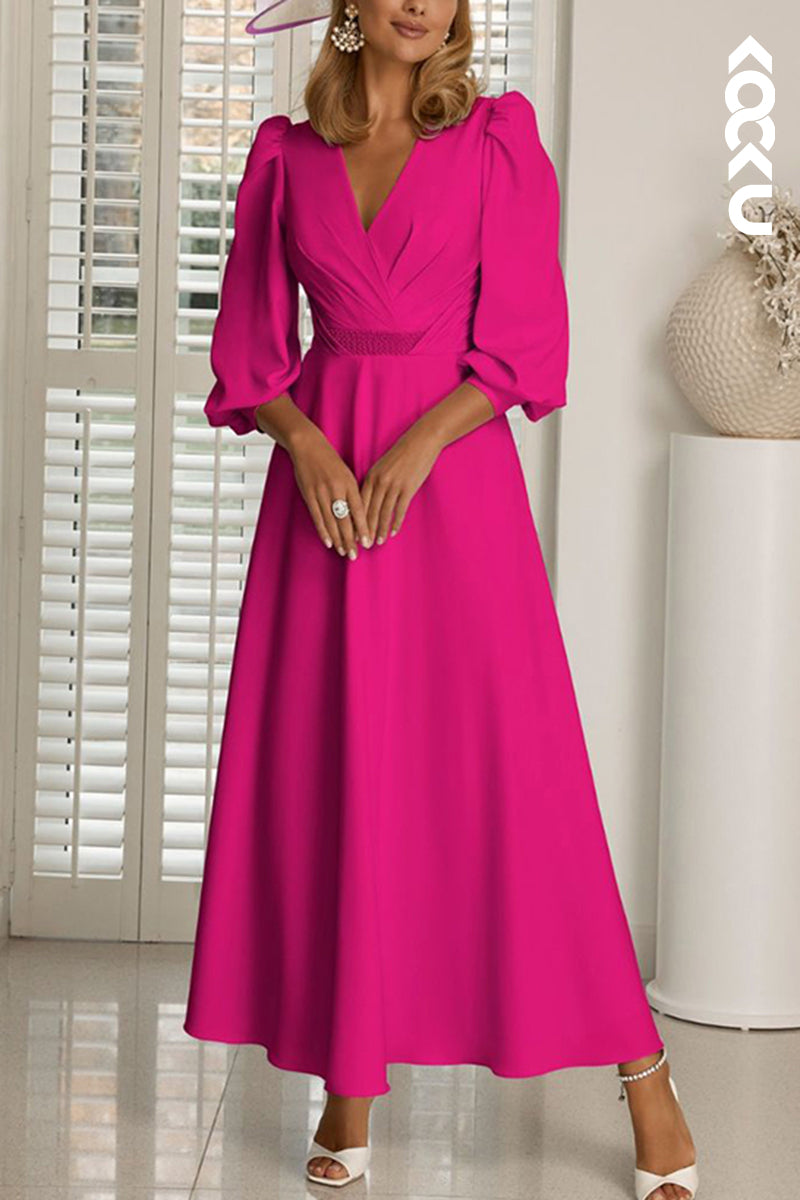 M6300 - Classic & Timeless V-Neck Long Sleeves A-Line Satin Mother of the Bride Dress